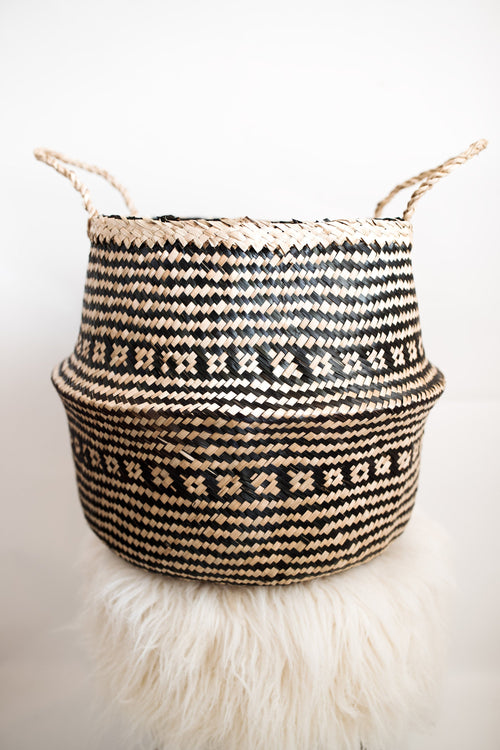 NATURAL AND BLACK PATTERN BELLY BASKET-BELLY BASKETS-BRAIDED CROWN