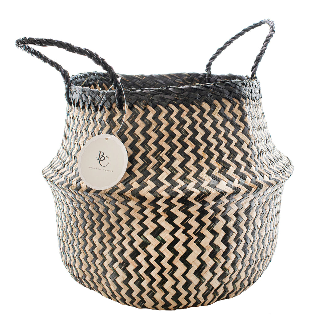 NATURAL AND BLACK ZIG ZAG BELLY BASKET-BELLY BASKETS-BRAIDED CROWN
